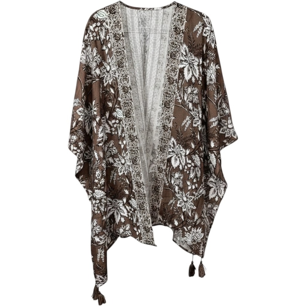 J.Jill Womens Coconut Multi Floral Kimono‎ Cardigan Tassel Brown OSFA